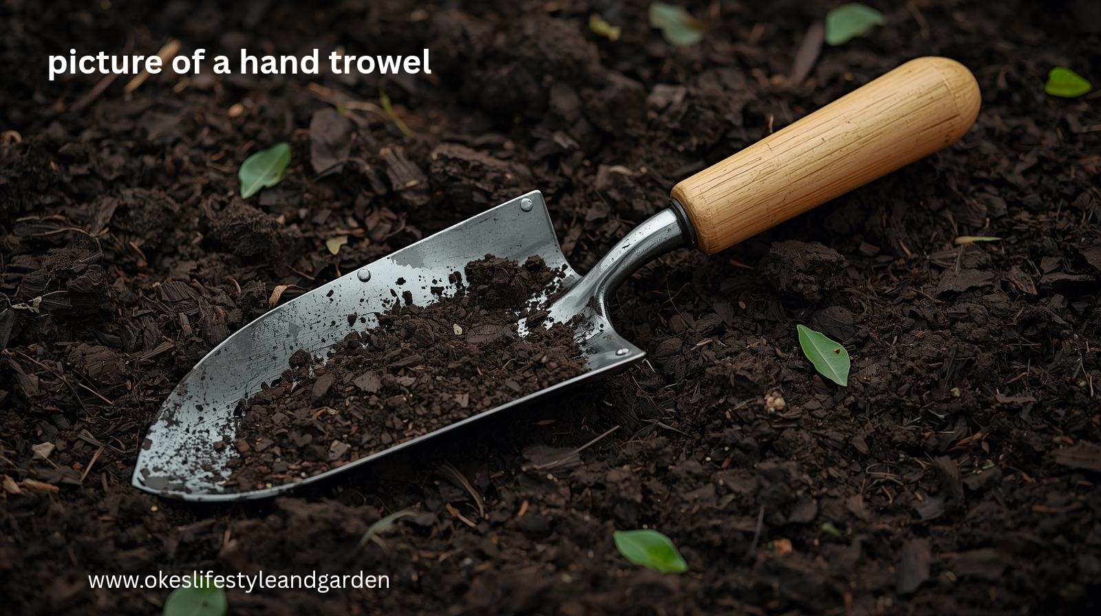 picture of a metal head hand trowel with a wooden handle resting on a rich dark soil with few leaves scattered around 