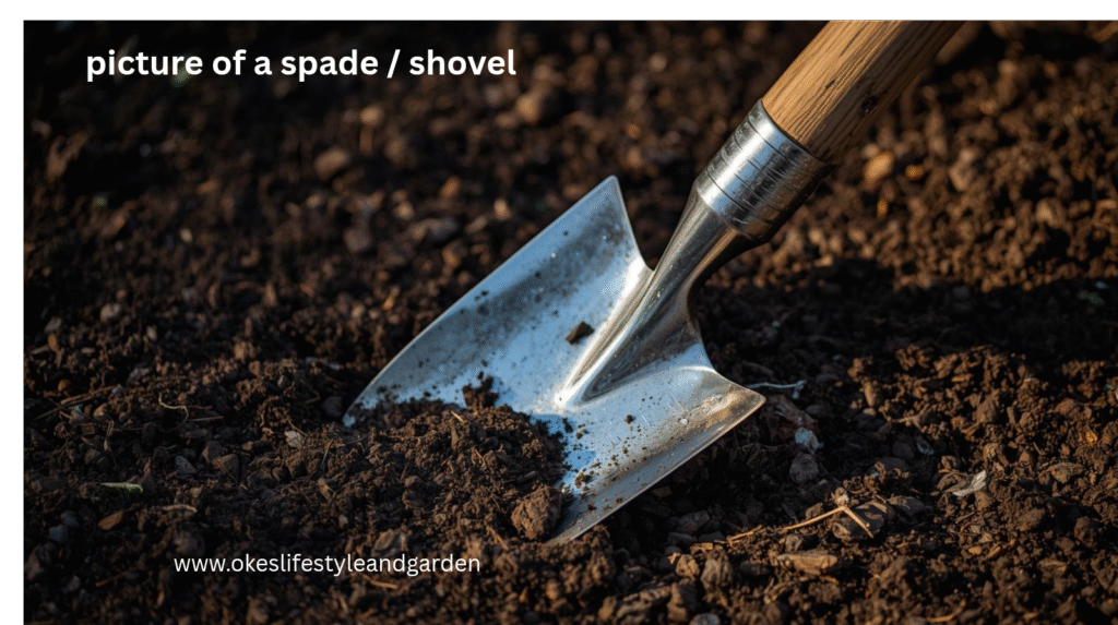 picture of a spade with a metal head and a wooden stick attached to it and it is placed on the bed of a dark soil, one of the top 10 gardening tools for beginners