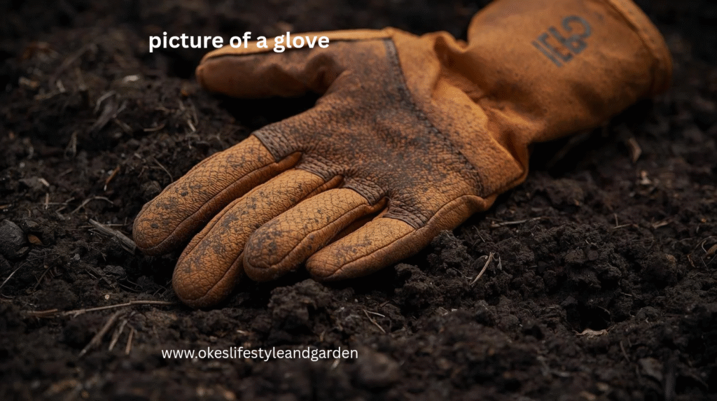 picture of a leather hand glove resting on a rich dark soil, one of the top 10 gardening tools for beginners