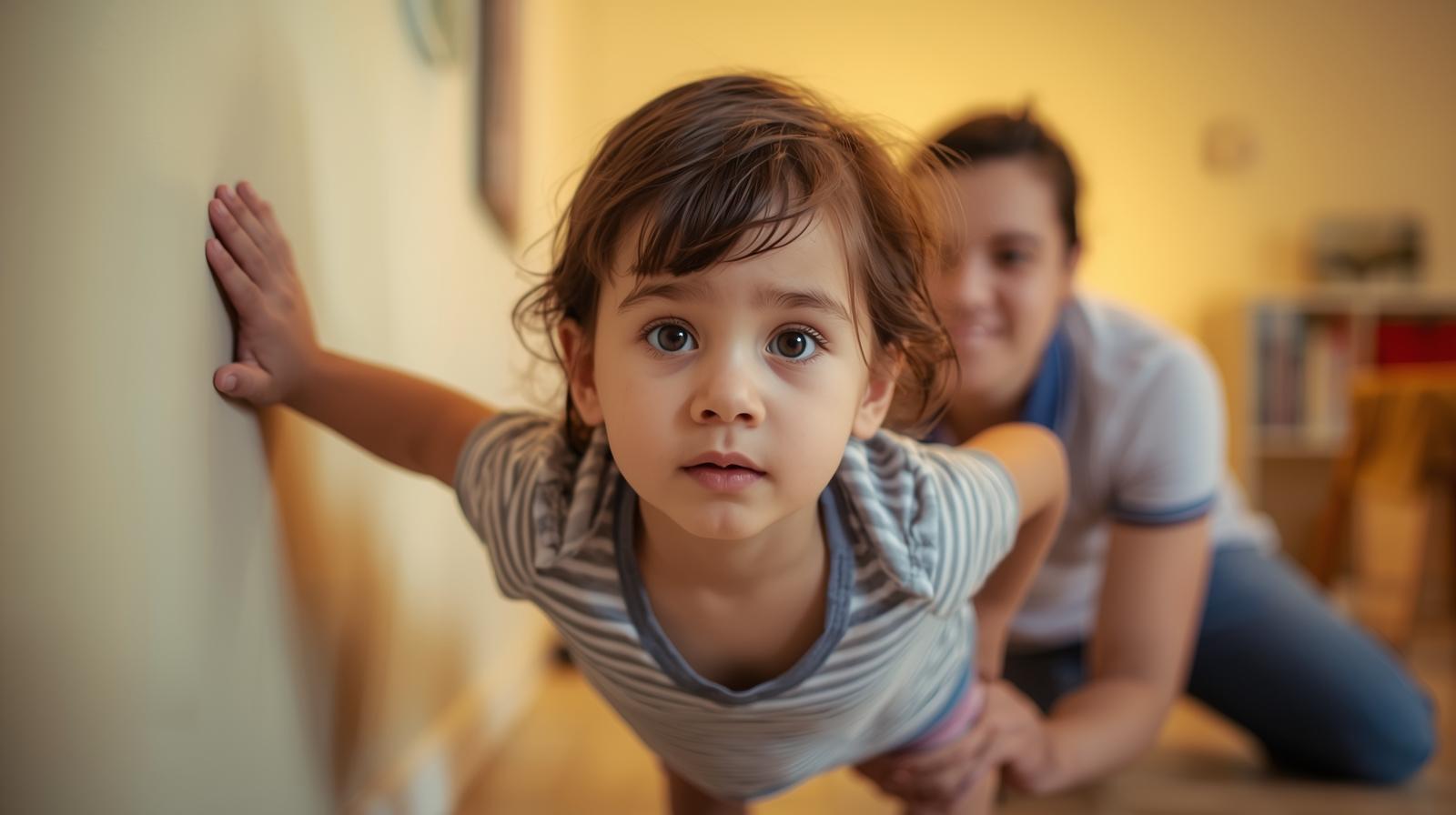 an-image -of-a-child- doing-push-wall-in-abright-room-with-the-assistance-of-the-parent