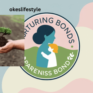 A logo of a mum holding her child close to her heart with love and by the a hand holding a growing plant , nurturing a child is like growing a plant is always fun and friutful