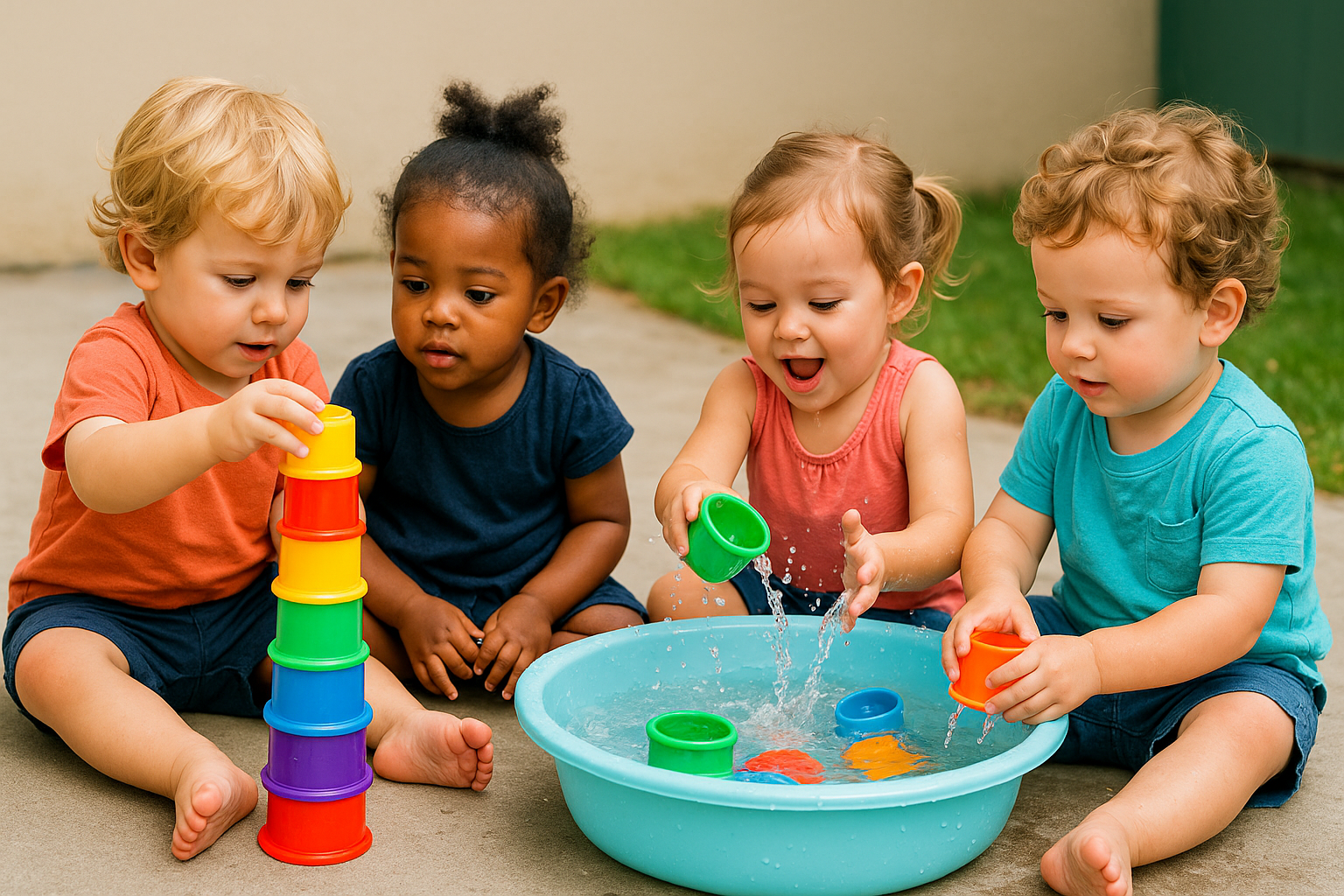 an image of toddolers having fun stacking cups and water play 